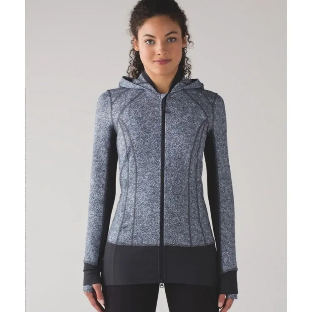 Lululemon Athletica Womens Daily Practice Zip Up Hooded Jacket Gray Black Size 8